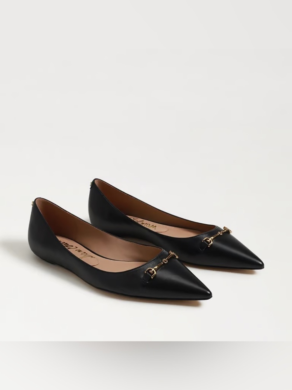 Sam Edelman black pointed toe leather flats with gold buckle detail (size 6.5)